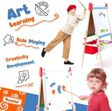 Kids Easel Including 100+ Accessories, Double Sided Wooden Easel for Kids - Magnetic Chalkboard & Painting Board & 2 Paper Rolls, Art Easel Supplies for Toddlers 3-8 Height Adjustable - Image 6