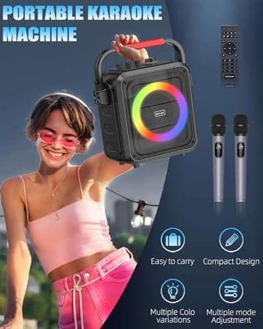 Karaoke Machine,Karaoke Machine for Adults & Kids,Portable Karaoke Speaker with 2 Wireless Microphones,PA System Supports Live/TF Card/USB/AUX//REC/TWS - Image 4