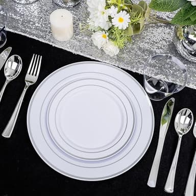 bUCLA 600pcs Silver Plastic Dinnerware Set for 100 Guests - Silver Christmas Dinnerware Set Disposable for Party - Include 100 Dinner Plates,100 Dessert Plates,100Cups,100 Knives,100 Forks,100 Spoons - Image 5