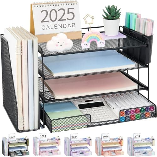 OPNICE Desk Organizer and Accessories, 4-Tier Desktop File Organizer with Drawer and 2 Pen Holders, Office Desk Accessories, File Sorters, Workspace Organizers for Office Supplies(Black) - Image 1