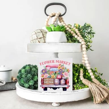 Spring Decor - Spring Sign Decorations Flower Market Wood Block Plaque Sign for Home Desk Table (5 x 5 Inches) - Image 7