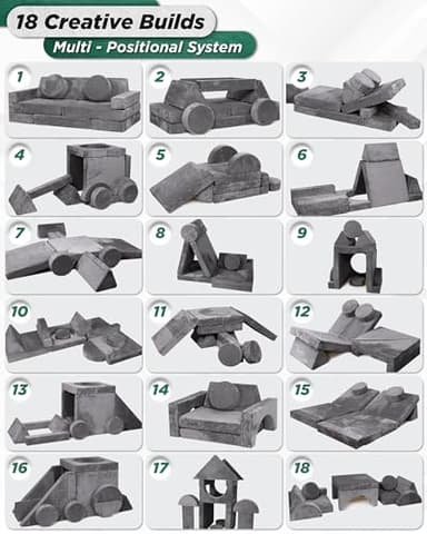 Lunix LX15 14pcs Modular Kids Play Couch, Child Sectional Sofa, Fortplay Bedroom and Playroom Furniture for Toddlers, Convertible Foam and Floor Cushion for Boys and Girls, Steel Gray - Image 7