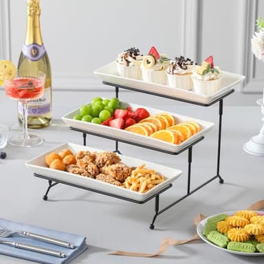 MALACASA 3 Tier Serving Trays for Party, Porcelain Serving Platters and Trays, 12 Inch Tiered Tray Stand, Fruit Tray, Trays for Serving Food, White Dessert Stand with Collapsible Sturdier Metal Rack - Image 7