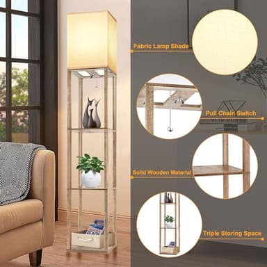 Floor Lamp with Shelves for Living Room Natural Wood, Shelf Floor Lamp with 3 CCT LED Bulb, Corner Display Standing Column Lamp Etagere Organizer Tower Nightstand with White Linen Shade for Bedroom - Image 6