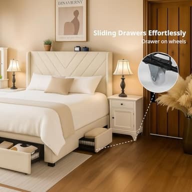 COMHOMA Queen Bed Frame with Headboard and USB & Type-C Charging Ports,Storage Drawers,Modern Upholstered Platform Frames with Padded Headboard, Heavy Duty Structure,No Box Spring Needed,White - Image 6