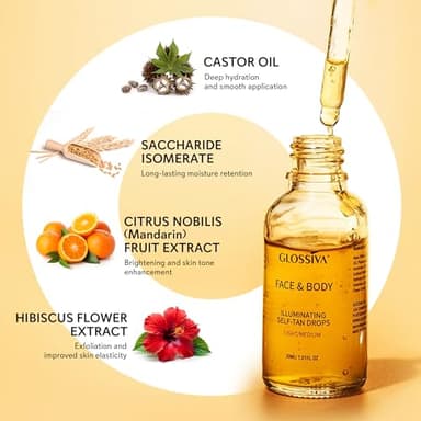 Glossiva Self Tanning Drops - Sunless Tan for a Sun-Kissed Bronze - Beauty Skin Self Tanner - Gradual Glow for Face and Body - Long-Lasting for a Week, 1.01 Fl Oz - Image 4