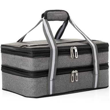 Stack Store Plus More Insulated Casserole Carrier for Hot or Cold Food, Lasagna Holder for Picnic, Potluck, Cookout - Fits 9” x 13” and 11” x 15” Baking Dish – Expandable Double Thermal Bag in Gray - Image 1