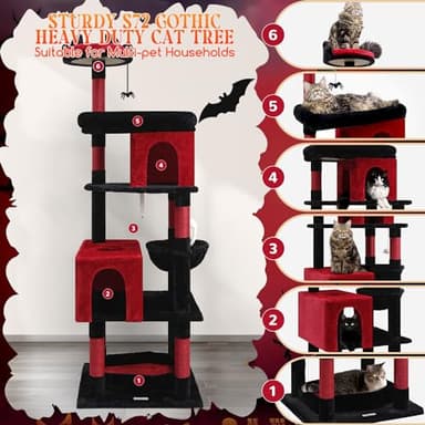 Globlazer Heavy Duty Gothic Cat Tree, 72in Large Cat Tower with Coffin Bed, Sturdy Maine Coon Cat Tree for Large Cats 20 lbs+, Medieval Castle Style with 6 Scratching Posts & Hammock, S72, Black & Red - Image 5