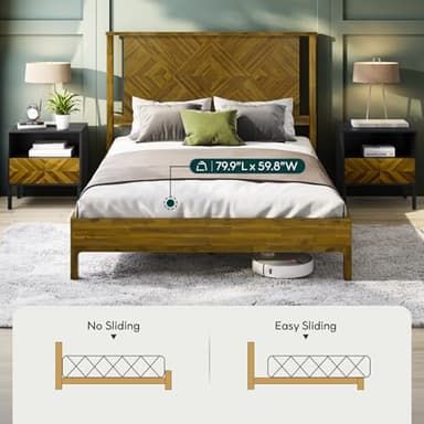 Bme Ethan Queen Bed Frame with Diamond Headboard, Mid-Century Modern, Solid Acacia Wood, No Box Spring Needed, Fits All Mattresses, Rustic Brown - Image 7