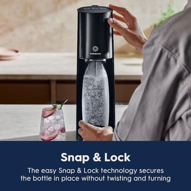 SodaStream - E-TERRA Soda Maker | VALUE BUNDLE | 3 Automatic Carbonation Levels | Includes 2x CO2 Cylinders, 3x 32 Fl Oz Dishwasher Safe Bottles, 2x Bubly Fruit Flavor Drops, 1x Power Adapter | Black - Image 7