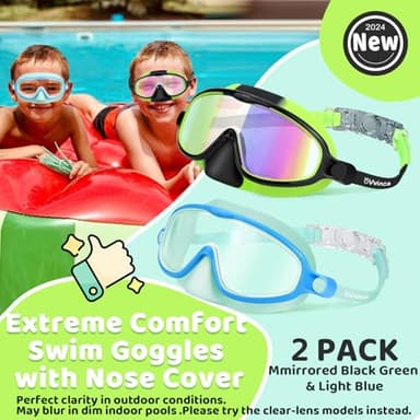 Vvinca 2 Pcs Kids-Swim-Goggles with Nose Cover, Swimming Diving Mask Wide View Anti Fog UV Anti Shattered Lens for Kids 3-5 - Image 3