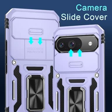 DEERLAMN Case for Google Pixel 9/9 Pro with Slide Camera Cover+Screen Protector(1 Pack), Rotated Ring Kickstand Military Grade Shockproof Protective Cover-Light Purple - Image 2