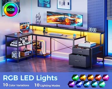 ODK L Shaped Desk with File Drawer, 75" Reversible L Shaped Computer Desk with Power Outlet & LED Strip, Office Desk with Storage Shelves, Gaming Desk with Monitor Shelf, Corner Desk, Black - Image 5