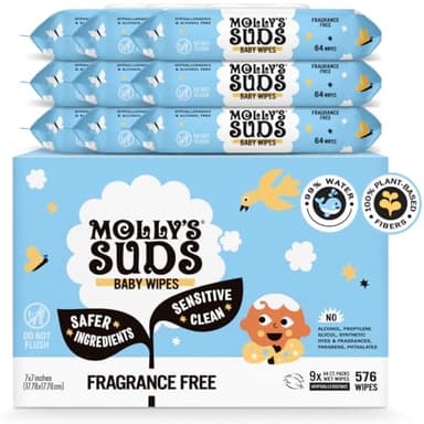 Molly's Suds Sensitive Clean Baby Wipes | 99% Water, Plant-Based, Fragrance Free | 576 Total Wipes (9 Flip-Top Packs) - Image 1