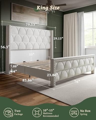 OHOHOLIVE King Size Bed Frame with 56" Headboard - 1000LBS Capacity Support, Velvet Upholstered Wingback Platform Bed Frame, Noise Free, Sturdy Wooden Slat Support - Image 2