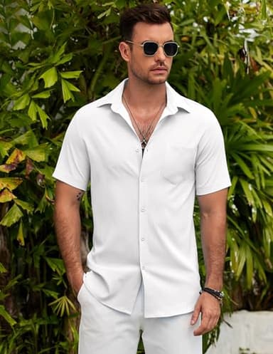 COOFANDY Mens Short Sleeve Button Down Shirts Linen Shirt Summer Holiday Shirt Beach Tops White - Image 4
