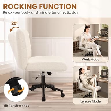 Yaheetech Wide Criss Cross Legged Office Desk Chair with No Wheels, Vanity Comfy Swivel Computer Chairs for Home Office Reading Makeup, Ivory - Image 8
