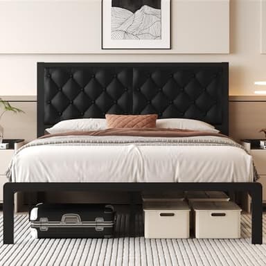Fluest Queen Bed Frame with Headboard PU Leather Upholstered Bed Frame Platform,All Metal Slats Support Platform Bed Frame with Storage Space,Easy Assembly,Noise Free,No Box Spring Needed,Black - Image 1