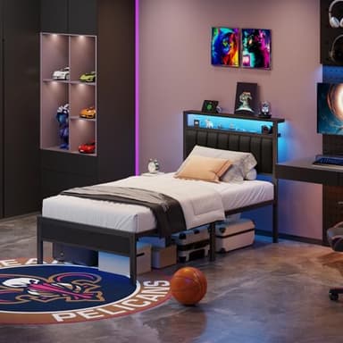 Furnulem Twin Size Bed Frame with Charging Station and LED Lights, Platform Bed with Metal Slats, Grey Upholstered Headboard with 2-Tier Storage Shelves, No Box Spring Needed - Image 5