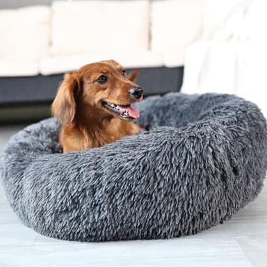 Round Calming Dog Beds for Medium Dogs 30 Inches Anti-Slip Donut Washable Plush Faux Fur Pet Bed fits up to 45 lbs Pets,Dark Gray - Image 2