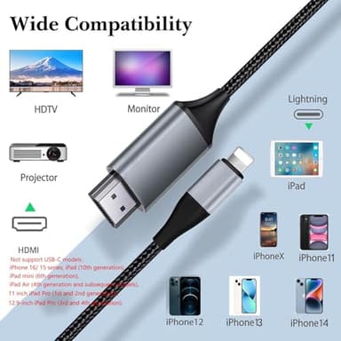 lulaven Lightning to HDMI Adapter • 1080P HD • HDMI Cable for iPhone to TV • Compatible with iPhone14, 13, 12 & YouTube to TV Output • 6.6FT (Does Not Support iPhone 15/16 or Streaming Netflix) - Image 2