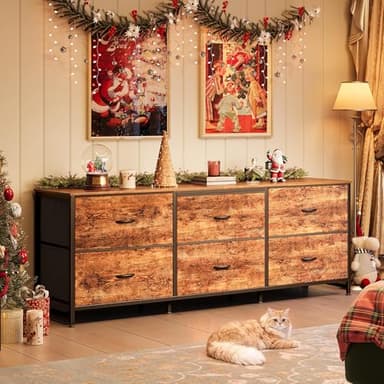 Huuger 63 Inch Long Dresser for Bedroom, Wide TV Stand for 55, 65, 70 Inch TV, 6 Drawer Dresser for Closet with Fabric Drawers, Storage Organizer for Bedroom, Entryway, Rustic Brown - Image 2