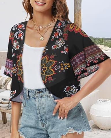 Women Shrug Chiffon Cardigans Open Front Short Sleeve Bolero for Evening Dressy(Black Print,S) - Image 3