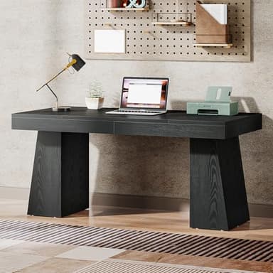 Tribesigns 55 Inches Executive Desk, Mid-Century Modern Home Office Desk with Double Trapezoid Base, Wood Computer Desk Business Workstation Desk Small Conference Table, Black - Image 9