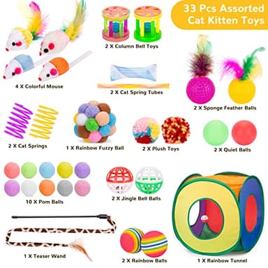 Retro Shaw Cat Toys Bundle 33 Pack, Interactive Kitten Toys for Indoor Cats Kitty with Collapsible Play Tunnel Tube Tent Feather Wand Teaser Bell Fuzzy Ball Springs Mouse Toy - Image 2