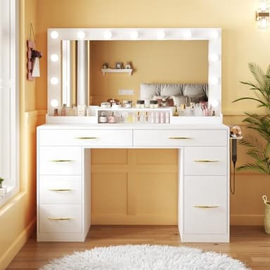 ALEXNUTRE Vanity Desk with Mirror and Lights, Makeup Vanity with Outlets & Large Mirror & 6 Drawers,White Vanity with 3-Color Adjustable Lighting, Makeup Vanity for Bedroom - Image 6