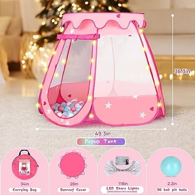 Baby Ball Pit for Toddler with 50 Balls, Pop Up Princess Tent with Star Lights for 1 2 3 Year Old Birthday Gift, 12-18 Months Baby Girl Toys with Carrying Bag, Indoor&Outdoor Play Tent for Kids - Image 2
