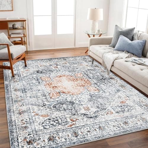 CHAMPLANT Area Rug 9x12 Washable Orange Gray Vintage Traditional Mat Distressed Indoor Foldable Thin Retro Accent Floral Print Rug Non Slip Carpet Living Room Dining Room Office - Image 1