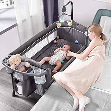 ADOVEL Baby Bassinet Bedside Crib, Pack and Play with Mattress, Diaper Changer and Playards from Newborn to Toddles, Grey - Image 1