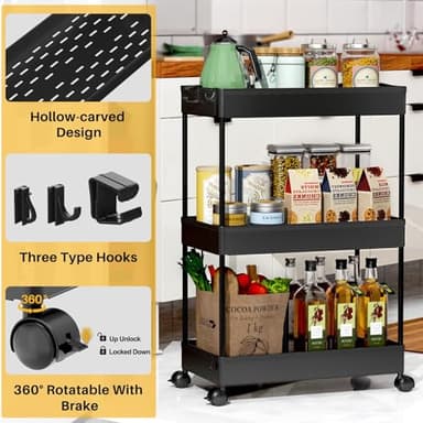 SPACELEAD 3 Tier Rolling Cart with Wheels, Storage Craft Art Trolley Organizer Serving, 3 Hanging Baskets Easy Assembly, for Office, Living Room, Kitchen, Black - Image 3