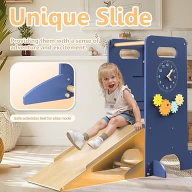 Toddler Tower 4-in-1 Multifunctional Kitchen Step Stool Helper with Removable Safety Board, Adjustable Heights, Slide, Highchair, Chalkboard, Montessori Games-Blue - Image 5