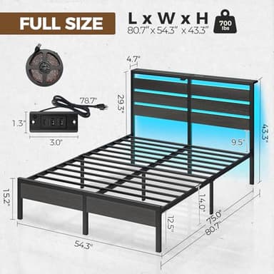 Rolanstar Bed Frame Full Size with USB Charging Station, LED Bed Frame with Wood Storage Headboard, Black Metal Platform Bed with Under Bed Storage, No Box Spring Needed, Noise Free - Image 2