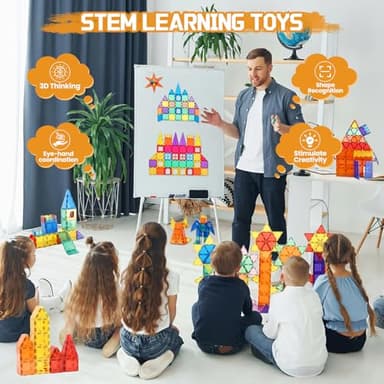 Paaxido Magnetic Tiles - 130PCS Magnetic Blocks for Kids, Magnet Tiles Building Blocks Set with 2 Cars, Construction STEM Magnet Toys Gift for Kids, Boys and Girls 3 4 5 6 7 8+ Year Old - Image 3