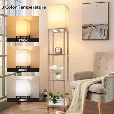 Floor Lamp with Shelves for Living Room Natural Wood, Shelf Floor Lamp with 3 CCT LED Bulb, Corner Display Standing Column Lamp Etagere Organizer Tower Nightstand with White Linen Shade for Bedroom - Image 3