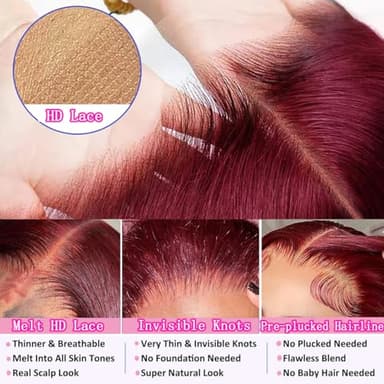 QZOQZO 99J Burgundy Lace Front Wigs Human Hair 13x6 HD Transparent Body Wave Lace Front Wigs Pre Plucked 99j Burgundy Red Wine Glueless Human Hair Wigs for Women Reddish Brown 180% Density 30 Inch - Image 4