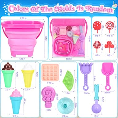 Collapsible Beach Toys Set for Kids Toddlers Girls, Collapsible Sand Bucket and Shovels Set with Mesh Bag & Sand Molds, Ice Cream Travel Sand Toys for Beach, Sandbox Toys for Toddlers Kids Age 3-10 - Image 7
