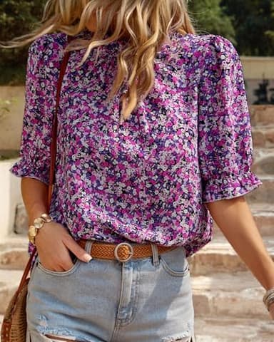 BTFBM Womens Summer Tops Boho Floral Blouses Frill Trim Mock Neck Puff Short Sleeve Shirts Dressy Casual Fall Top 2025(Floral Purple White, Large) - Image 2