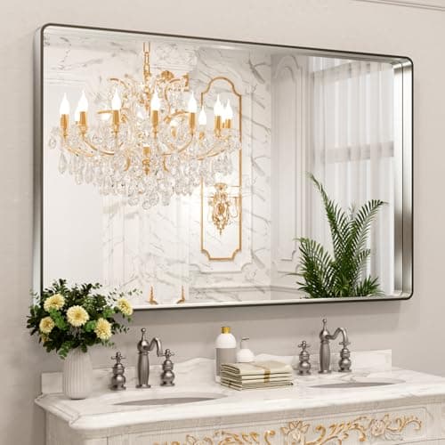 LOAAO 60X40 Inch Brushed Nickel Bathroom Mirror, Rounded Rectangle Silver Metal Frame Mirror, Brushed Nickel, Anti-Rust, Shatter Proof, Hangs Horizontally or Vertically - Image 1