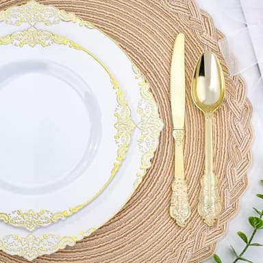 Realluck 350 PCS White and Gold Plastic Plates, Plastic Dinnerware Set for 50 Guests, 100 Disposable Plates, 150 Silverwares, 50 Cups, 50 Napkins for Party, Wedding, Graduation - Image 2