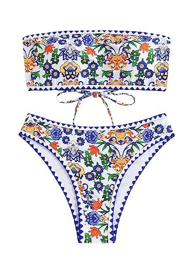 ZAFUL Women Strapless Textured Bandeau Bikini 2 Piece Swimwear Cheeky Solid Lace up Bathing Suits(7-Blue Yellow,M) - Image 2