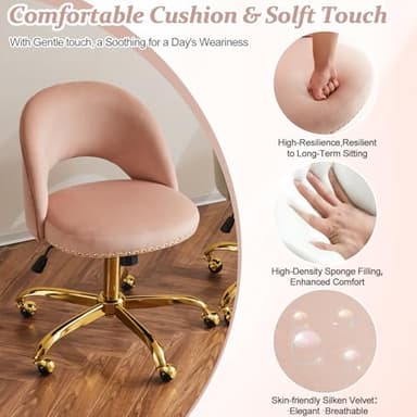 VINGLI Modern Velvet Small Office Chair,Cute Desk Chair with Wheels,Gold Base/Studs, Comfy Armless Swivel Vanity Task Chair for Women/Girl/Kids, Nail Tech Chair for Bedroom,Small Space,Pink - Image 5