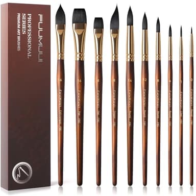 Watercolor Brushes Professional, Fuumuui 10Pcs Synthetic Squirrel Hair Water Color Paint Brush Set for Artists - Flat, Round Pointed, Dagger, Cats Tongue Oval Wash for Watercolor Gouache Inks Painting - Image 1