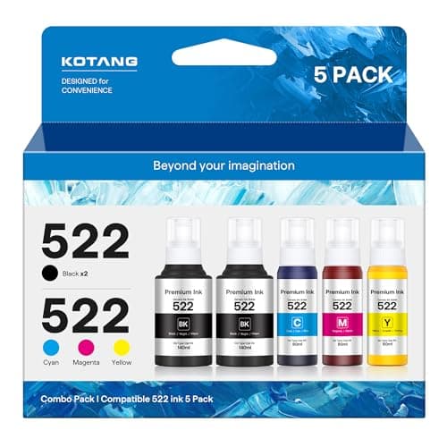 522 Ink Refill Bottles High Capacity (5 Bottles) Replacement for 522 Ink Compatible with ET-2400 ET-2720 ET-2800 ET-2803 ET-2840 ET-4700 ET-4800 ET-4810 Printer (Not Sublimation Ink) - Image 1