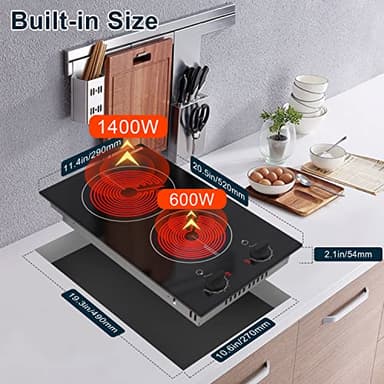 Karinear 110v Electric Cooktop 2 Burners, 12'' Electric Stove Top with Plug in, Knob Control Countertop & Built-in Ceramic Cooktop, 9 Heating Level, Hot Warning, Over-Temperature Protection - Image 5