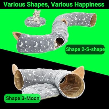 LUCKITTY Cat Tunnel Bed Under Christmas Tree with Plush Ball Toy Playground Crinkle Collapsible Self-Luminous Flannel Fabric 3FT for Large Cats Kittens Kitty Small Animals Puppy Grey Moon Star - Image 4