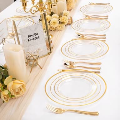 200 Pcs Clear Gold Plastic Plates - Disposable Party Plates, Gold Plate Disposable Include 100 Dinner Plate and 100 Dessert Plate, Plastic Plate for Party, Holiday, Wedding & Birthday - Image 7